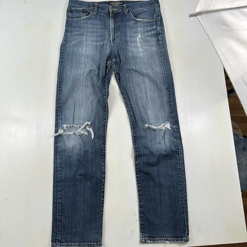 Lucky Brand 329 Straight Jeans Men actual 34x34‎ Blue Distressed Italian Denim